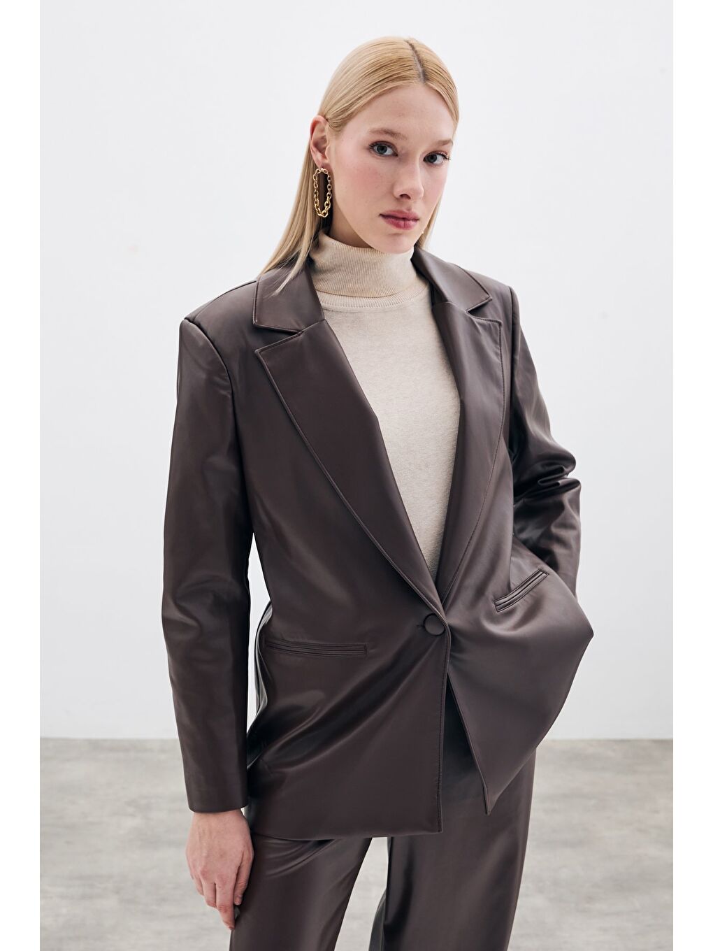 Kahverengi Salaş Deri Ceket - Kahve