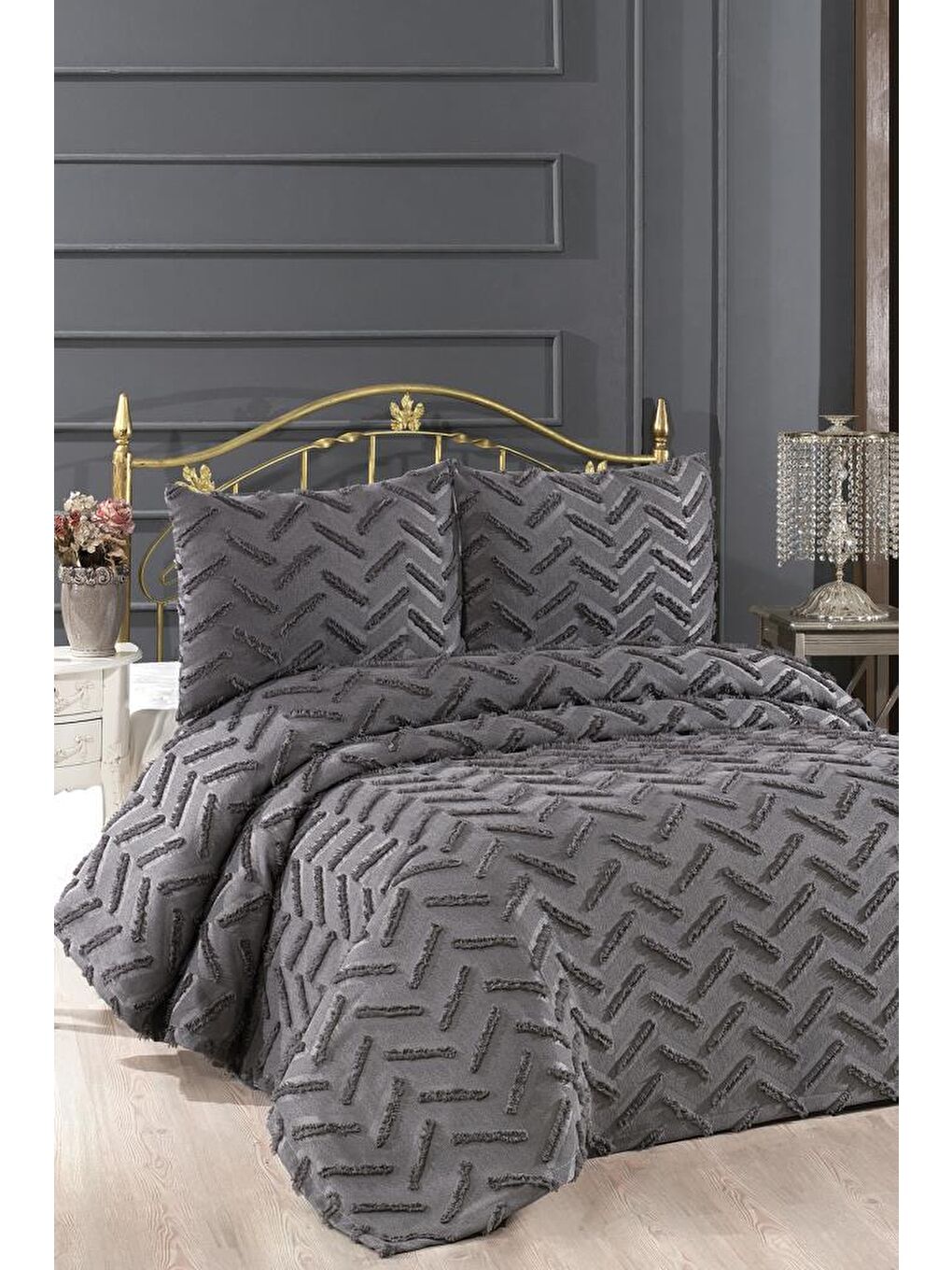 Zigra 3 Parça Çift Kişilik Pike Takımı Antrasit