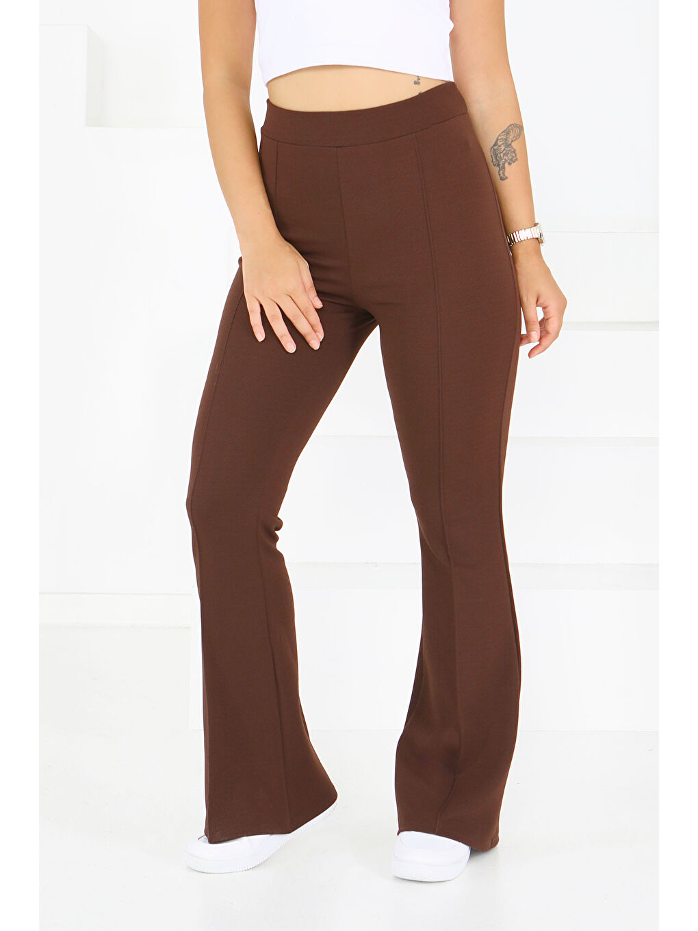 Kahverengi Çımalı İspanyol Paça Krep Pantolon Kahve - 27623-2