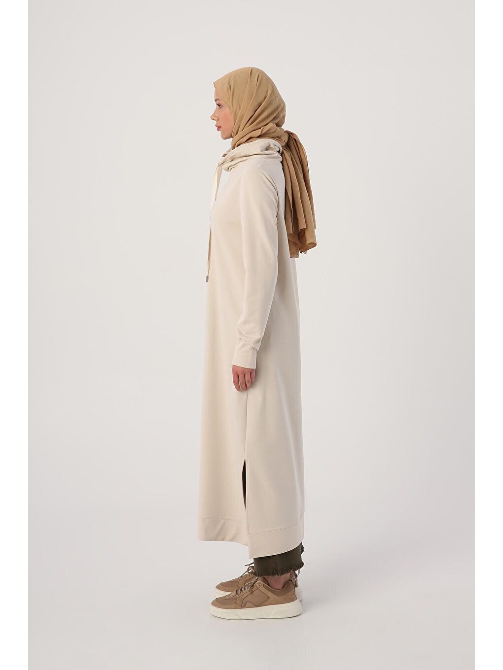 Açık Bej Yakası Sim Dikişli Kordonlu Sweat Tunik-2