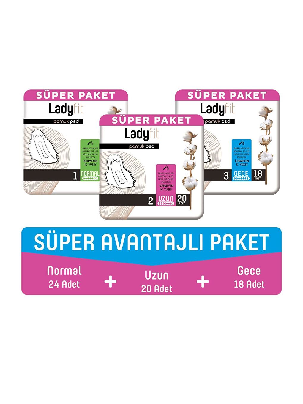 Baby Turco Ladyfit Pamuk Ped Süper Avantajlı Paket (Normal 24 Adet + Uzun 20 Adet + Gece 18 Adet)