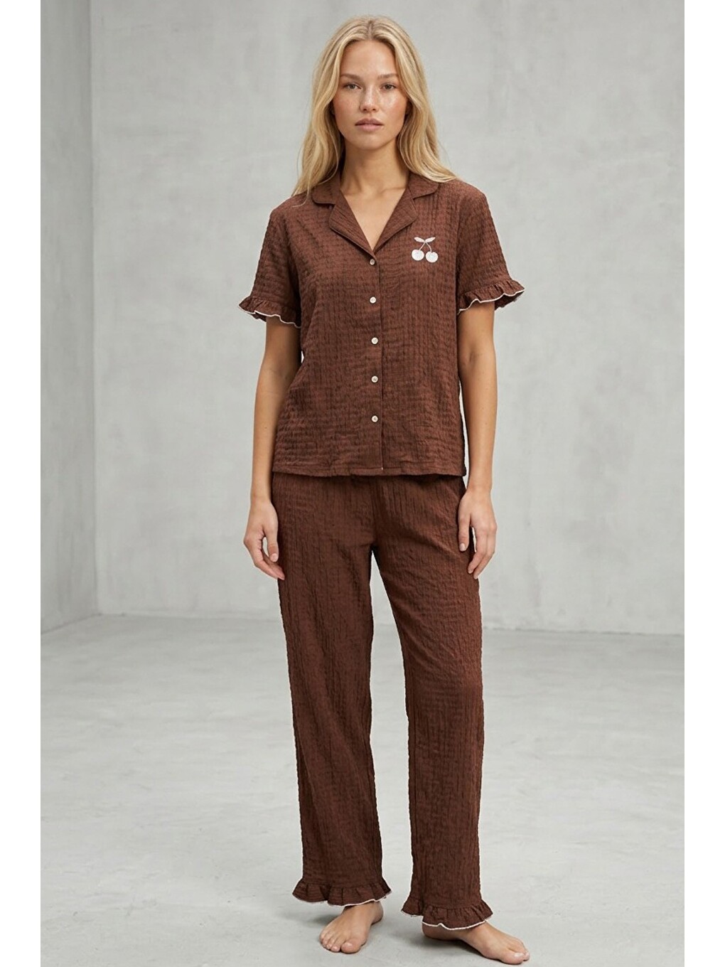 Kahverengi Nakışlı Bürümcük-krınkıl Kısa Kollu Düğmeli Pijama Takım 8057-1