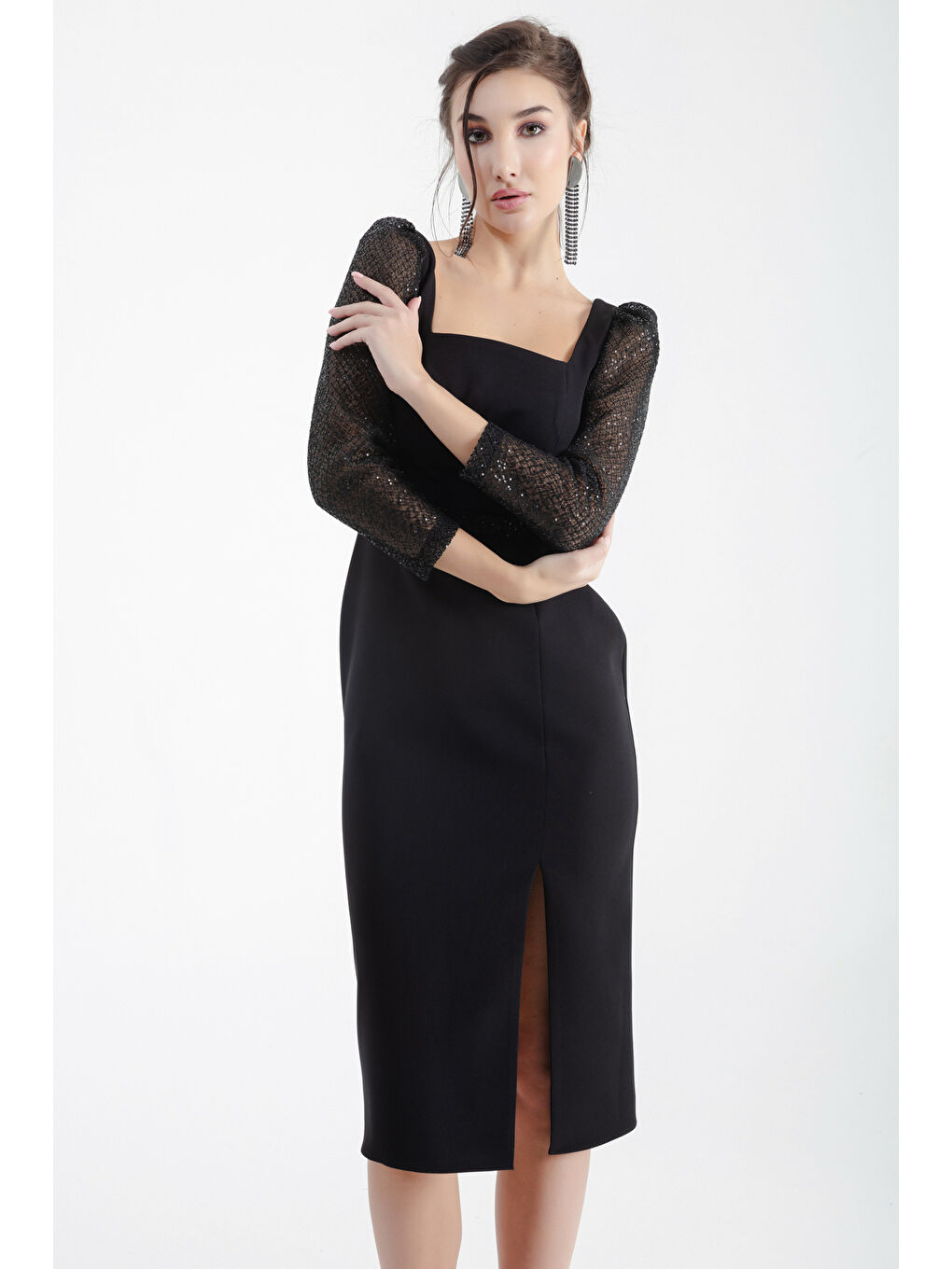 Kadın Siyah Kare Yaka Kemerli Midi Abiye-1