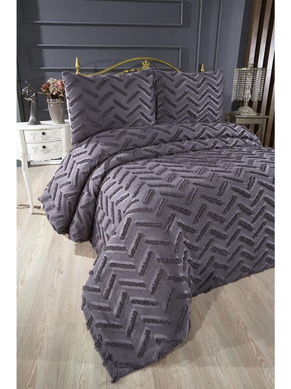 Zigra 3 Parça Çift Kişilik Pike Takımı Antrasit-1