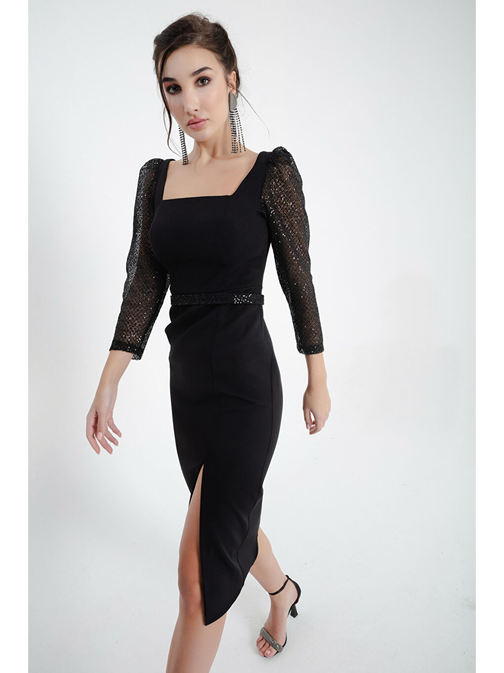 Kadın Siyah Kare Yaka Kemerli Midi Abiye-2