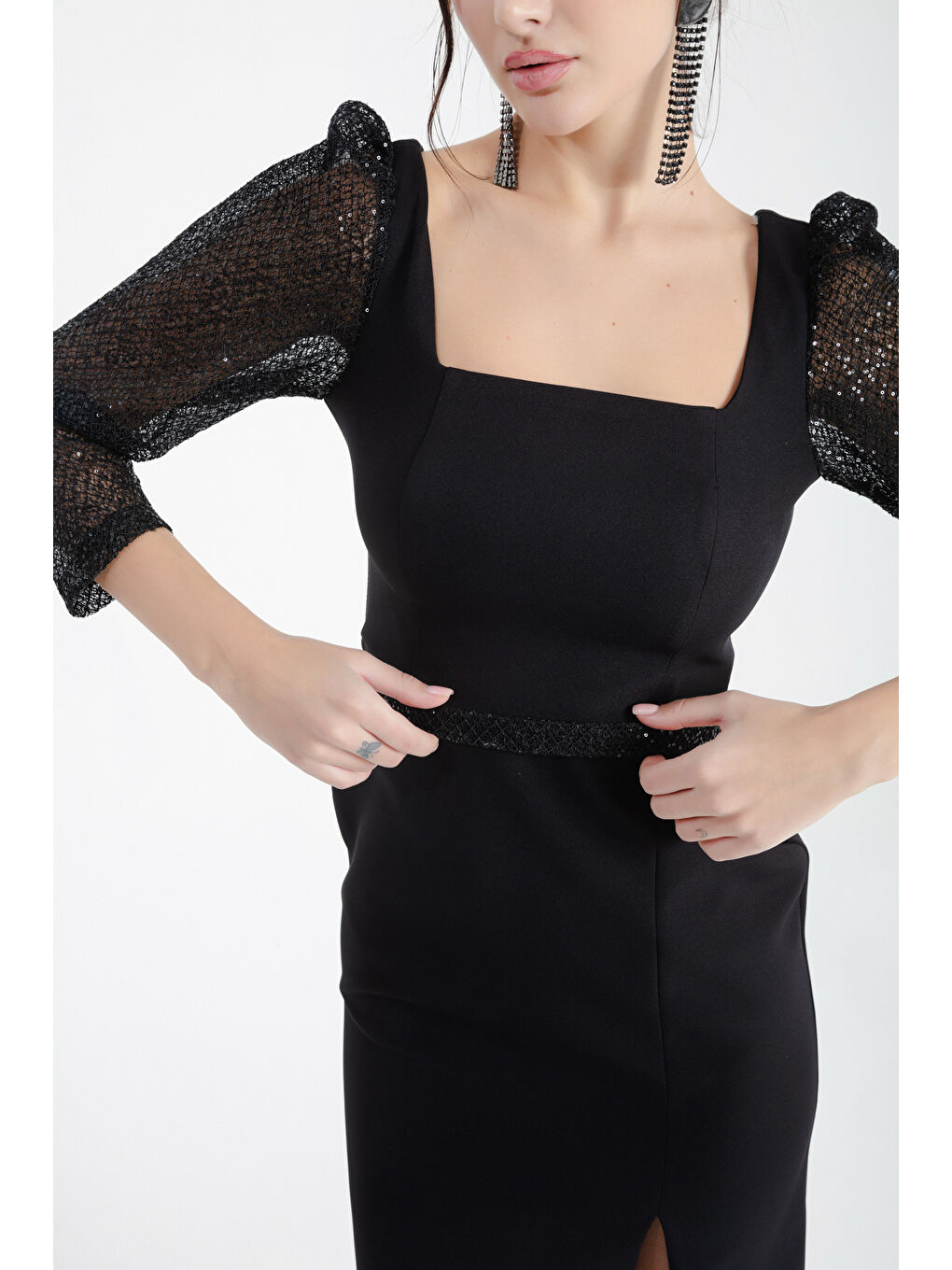 Kadın Siyah Kare Yaka Kemerli Midi Abiye-3