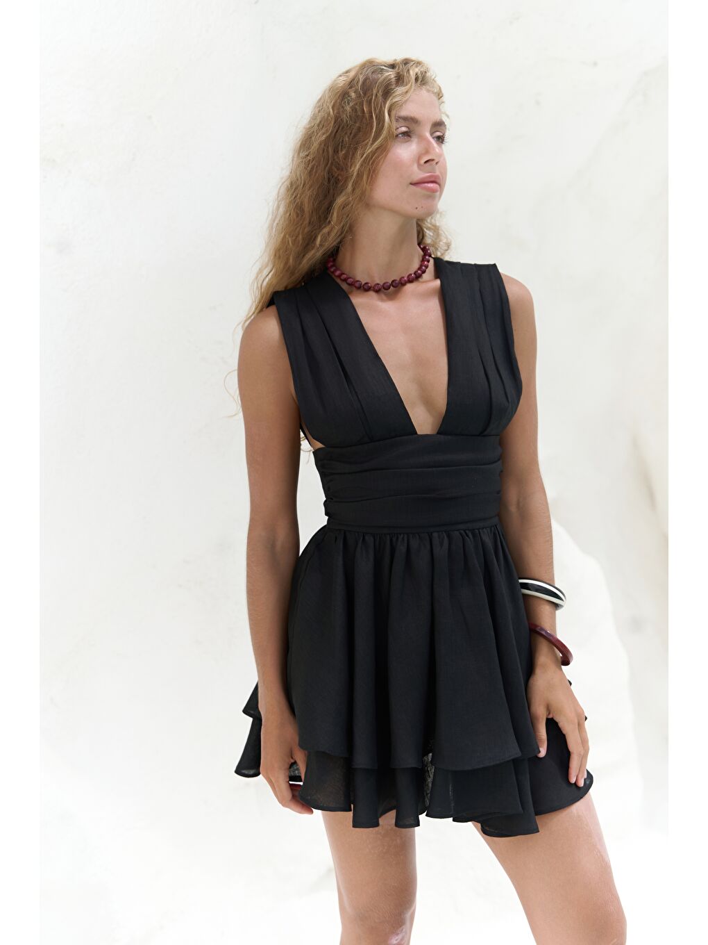 Zaneta Korsaj Detaylı Siyah Keten Mini Elbise-3