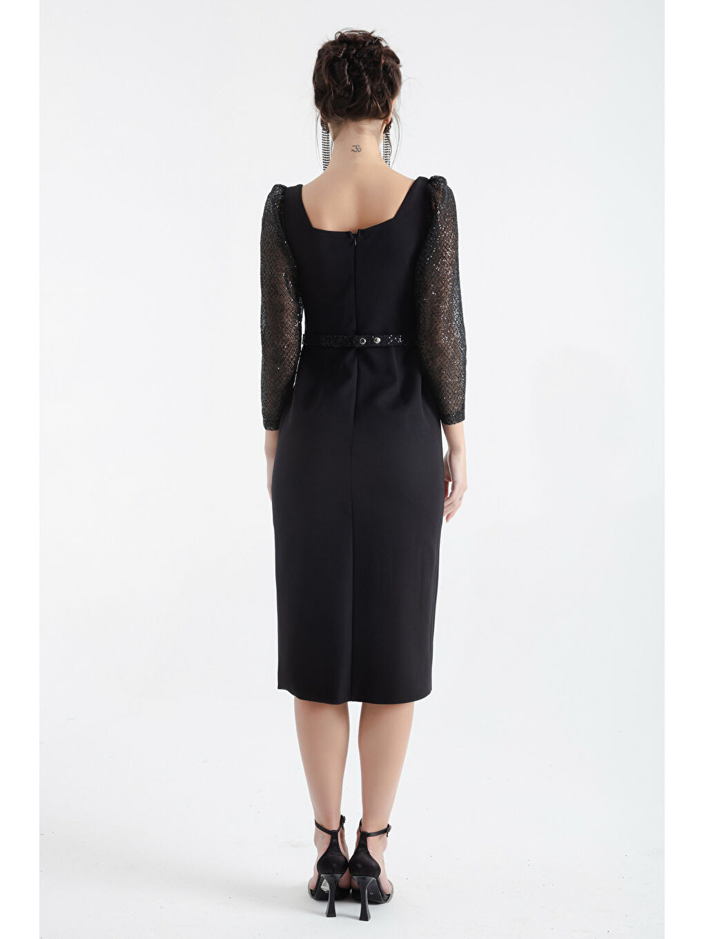 Kadın Siyah Kare Yaka Kemerli Midi Abiye-4