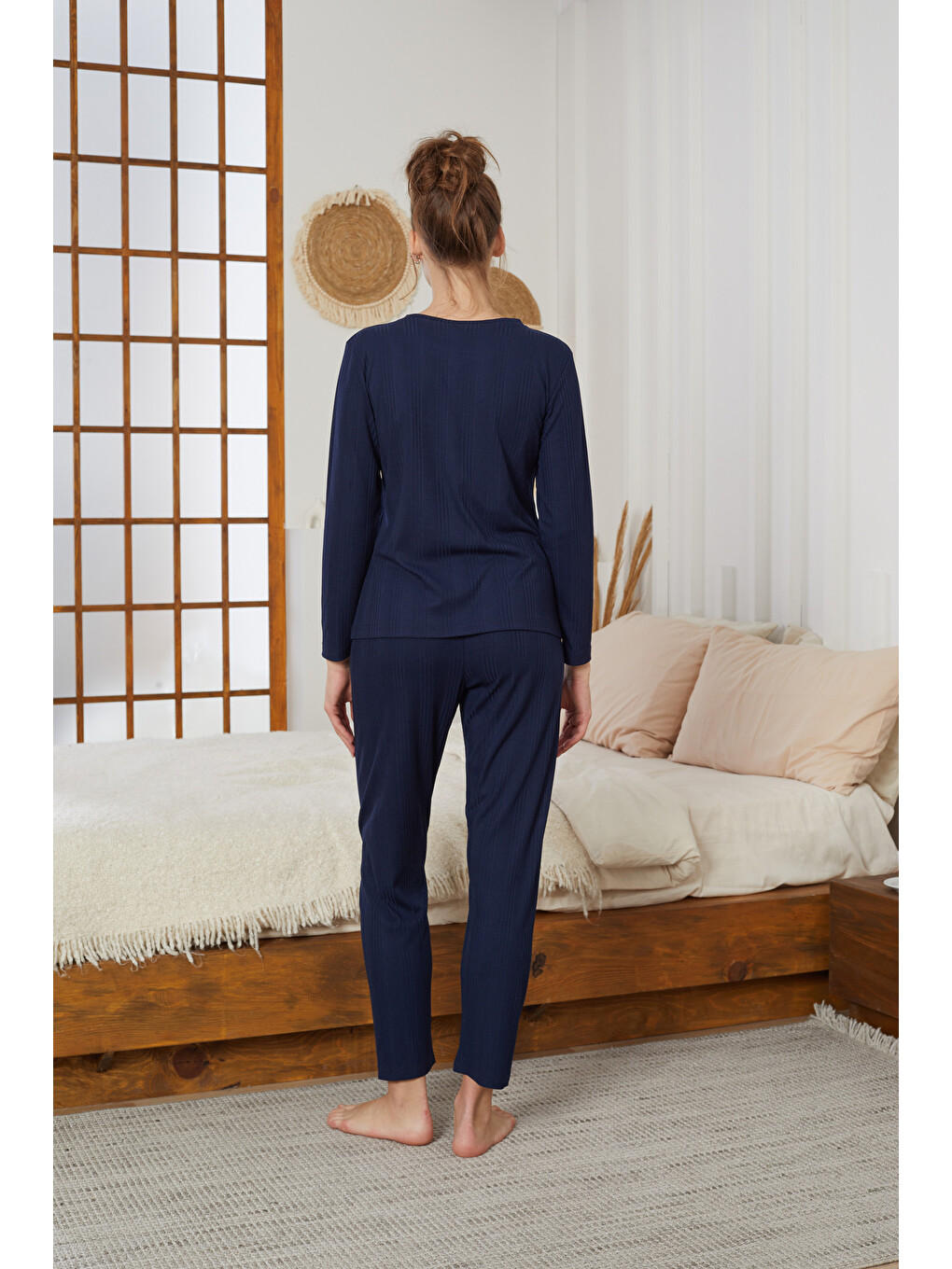 Lacivert Love Nakışlı Fitilli Örme Pijama Takım25226001-2
