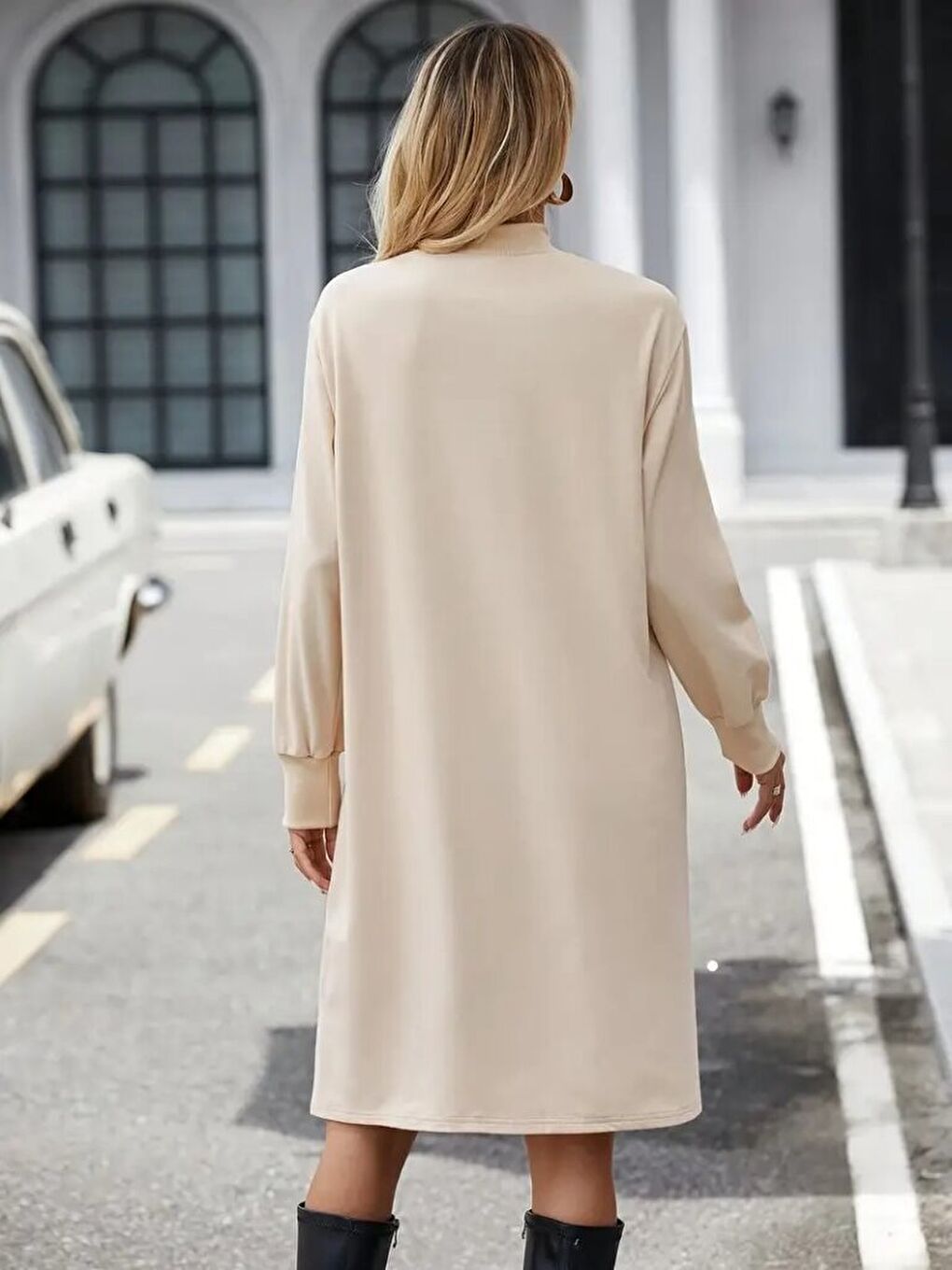 Bej Kadın Uzun Kollu Balıkçı Yaka Kısa şardonlu Dalgıç Elbise-1
