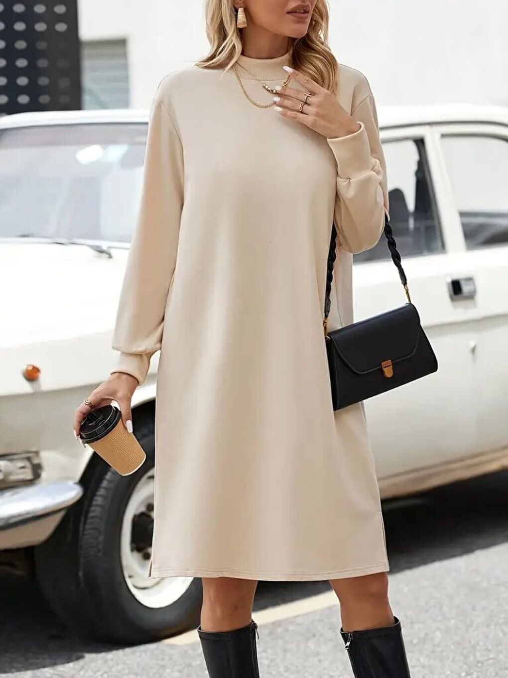 Bej Kadın Uzun Kollu Balıkçı Yaka Kısa şardonlu Dalgıç Elbise-2