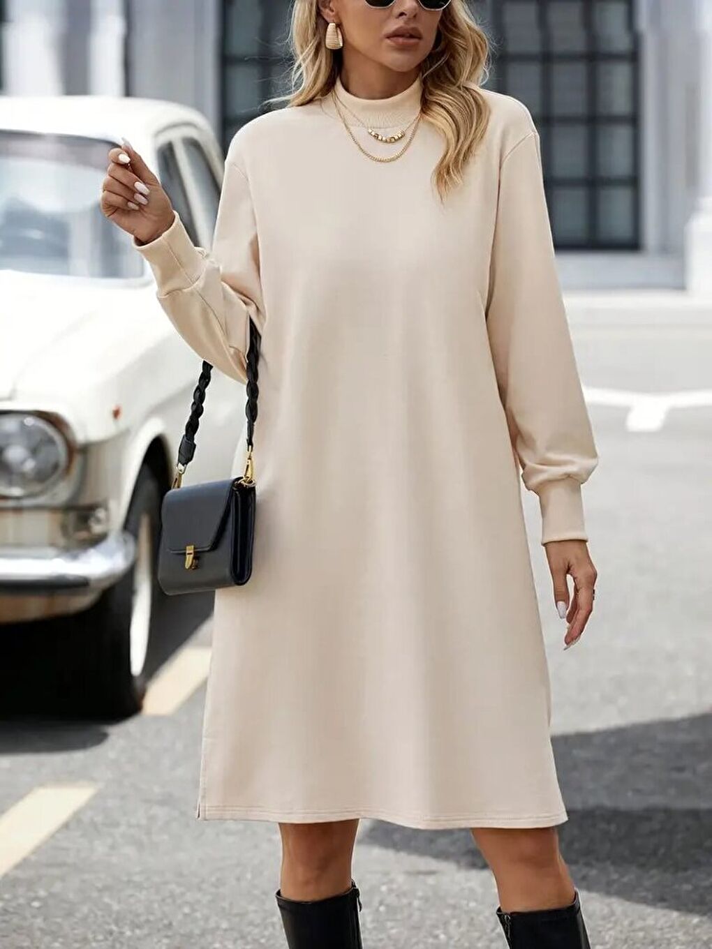 Bej Kadın Uzun Kollu Balıkçı Yaka Kısa şardonlu Dalgıç Elbise-4