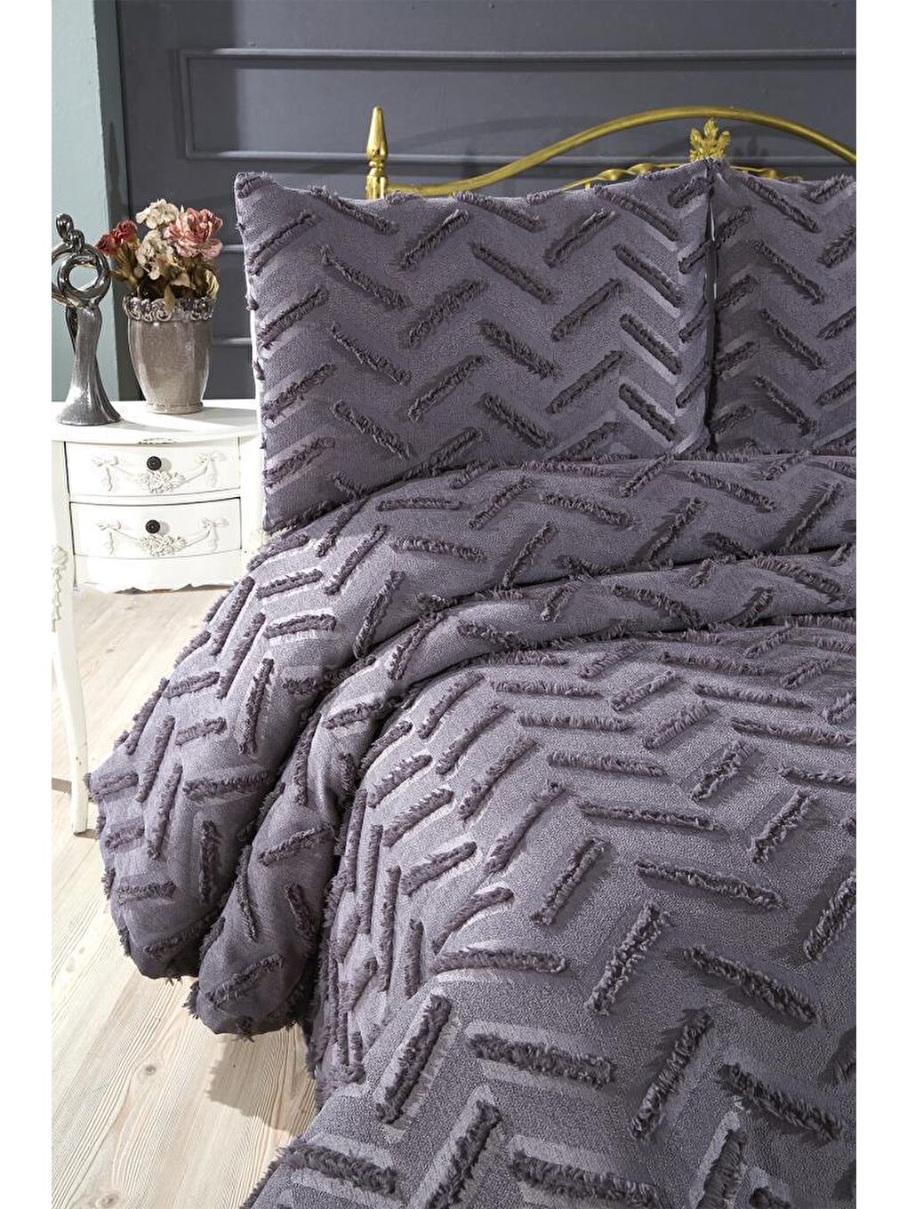 Zigra 3 Parça Çift Kişilik Pike Takımı Antrasit-3