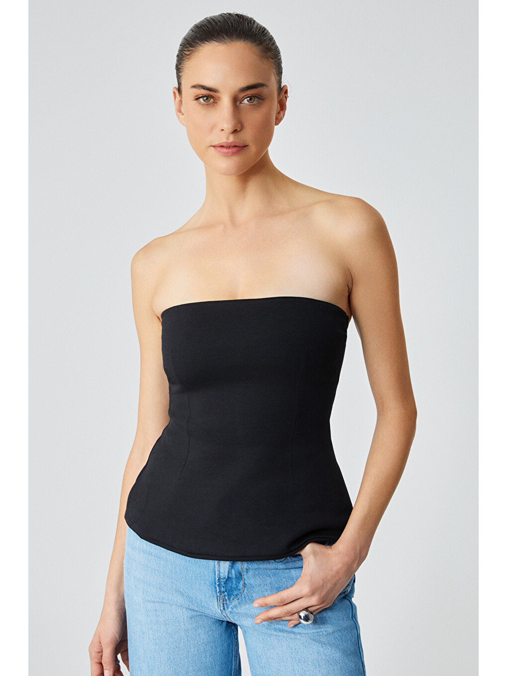 Siyah ORIANA Kadın Slim Fit Straplez SİYAH Bluz-2