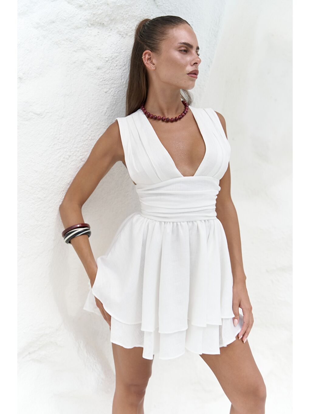 Zaneta Korsaj Detaylı Ekru Keten Mini Elbise