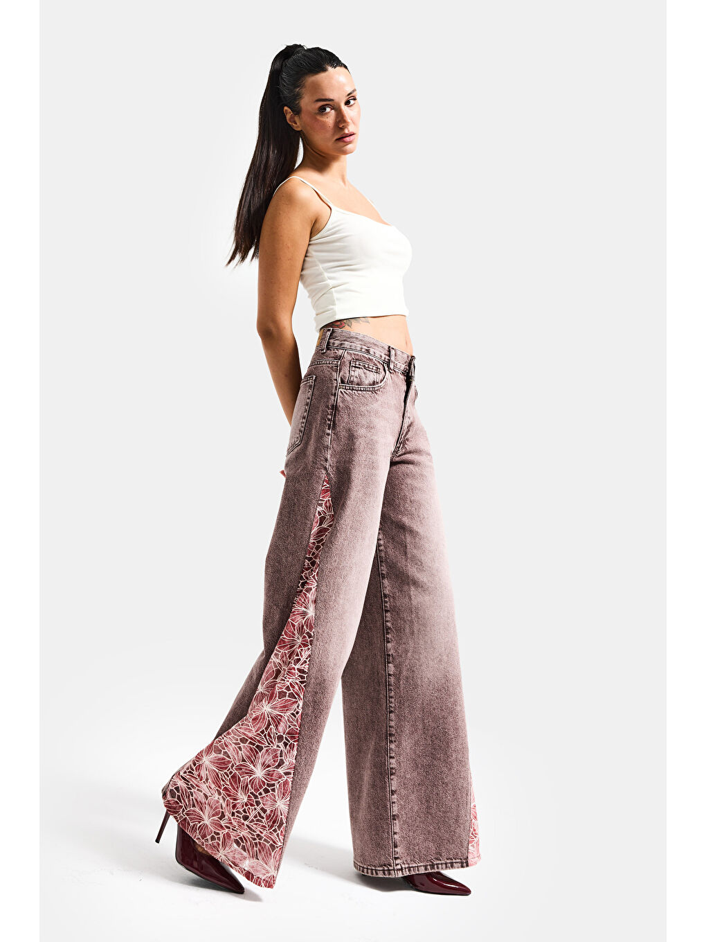 Mavi Kadın Jean Rengi 4s6-157 Palazzo Fit Gül Dantel Detaylı Özel Tasarım Denim Jean-2