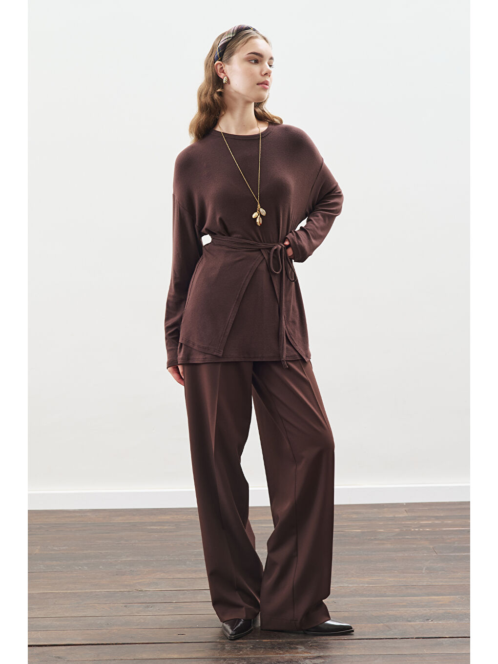 Kahverengi Beli Bağlama Tasarımlı Bluz Acı Kahve-1