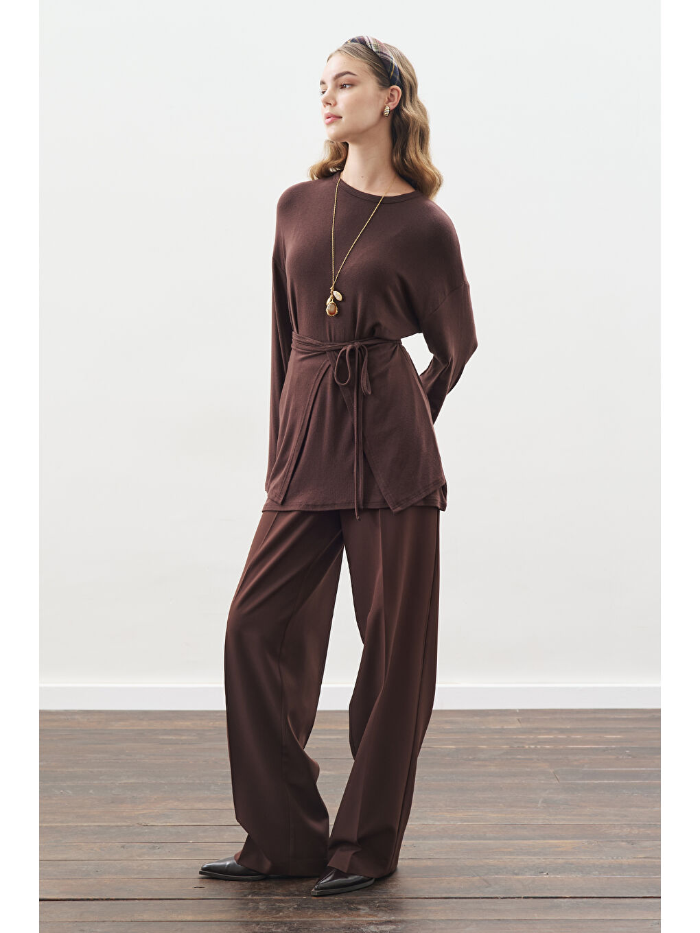 Kahverengi Beli Bağlama Tasarımlı Bluz Acı Kahve-2