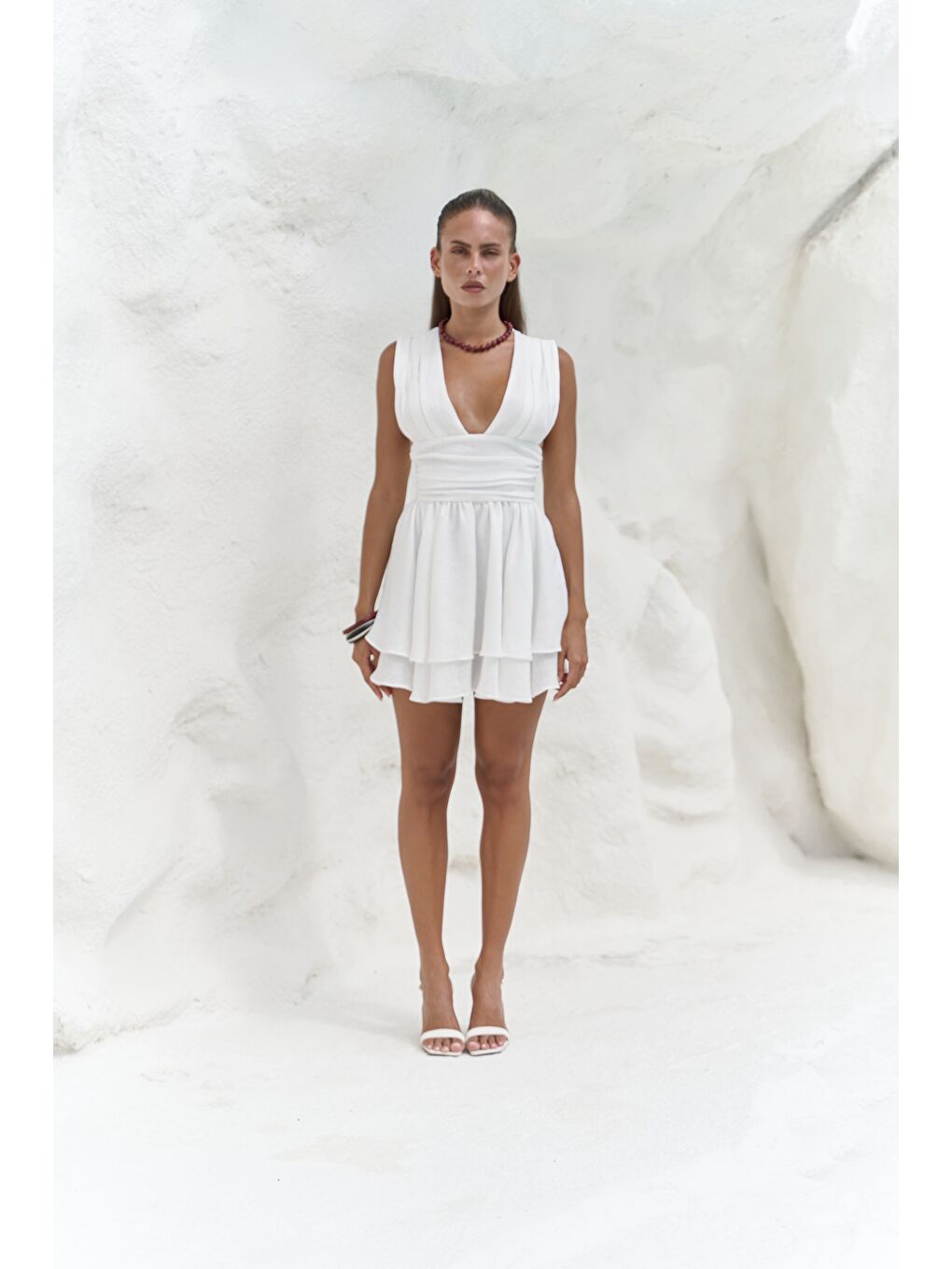 Zaneta Korsaj Detaylı Ekru Keten Mini Elbise-2