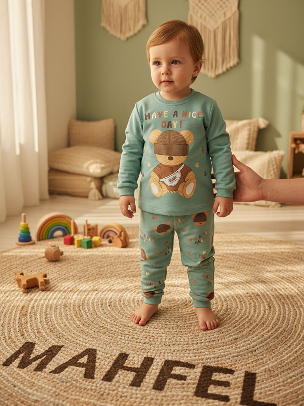 %100 Pamuklu Yeşil Teddy Bear Baskılı Çocuk Pijama Takımı 1-6 Yaş-1