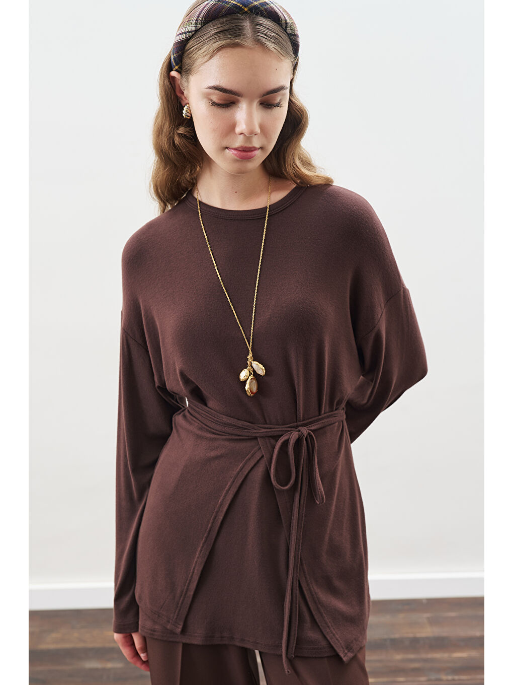 Kahverengi Beli Bağlama Tasarımlı Bluz Acı Kahve-3