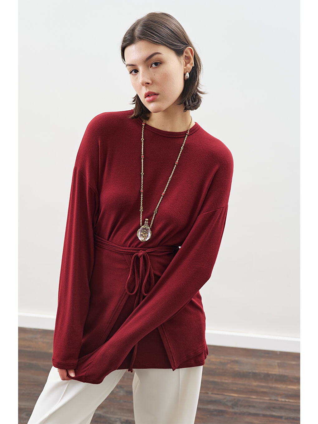 Beli Bağlama Tasarımlı Bluz Bordo