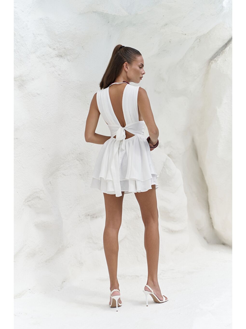 Zaneta Korsaj Detaylı Ekru Keten Mini Elbise-4