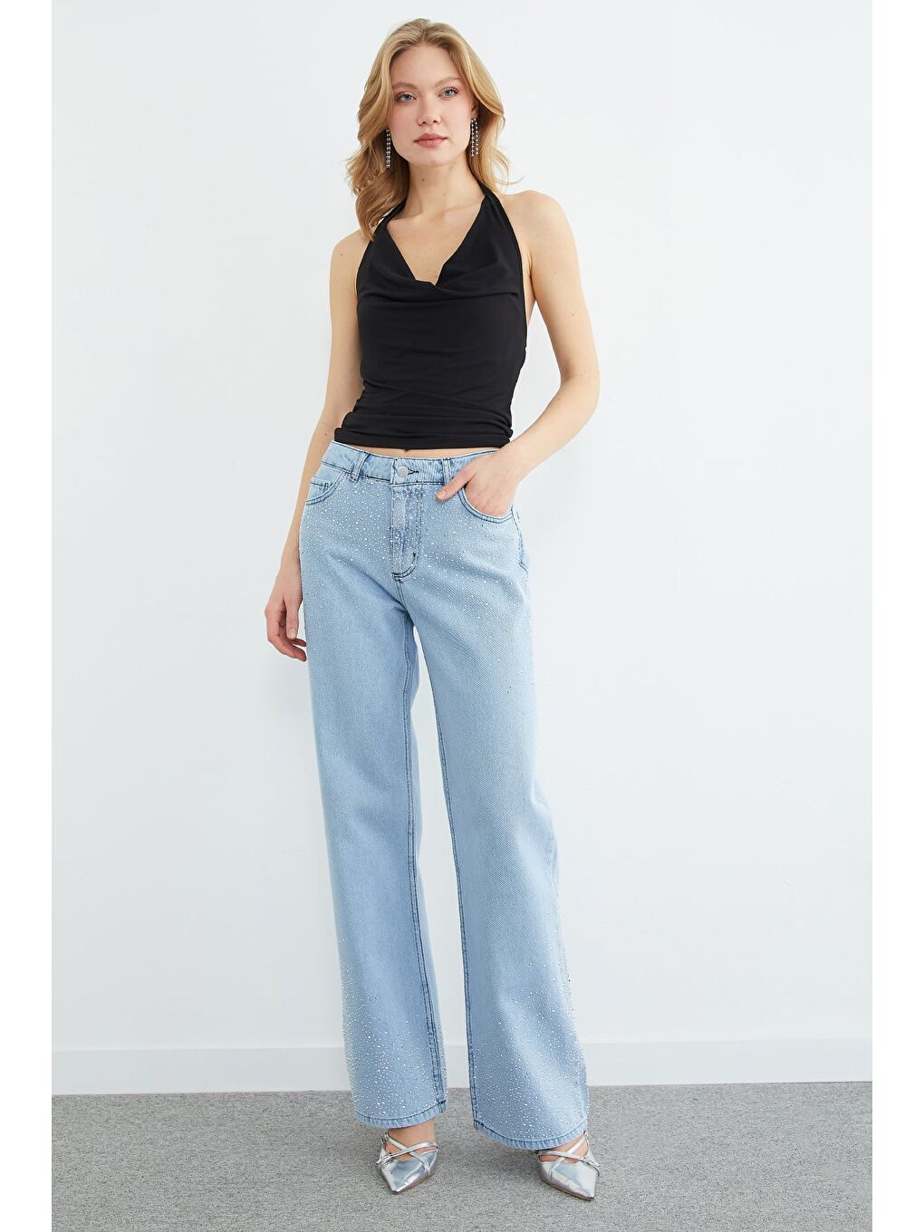 Mavi Taş Detaylı Yüksel Bel Jean-2