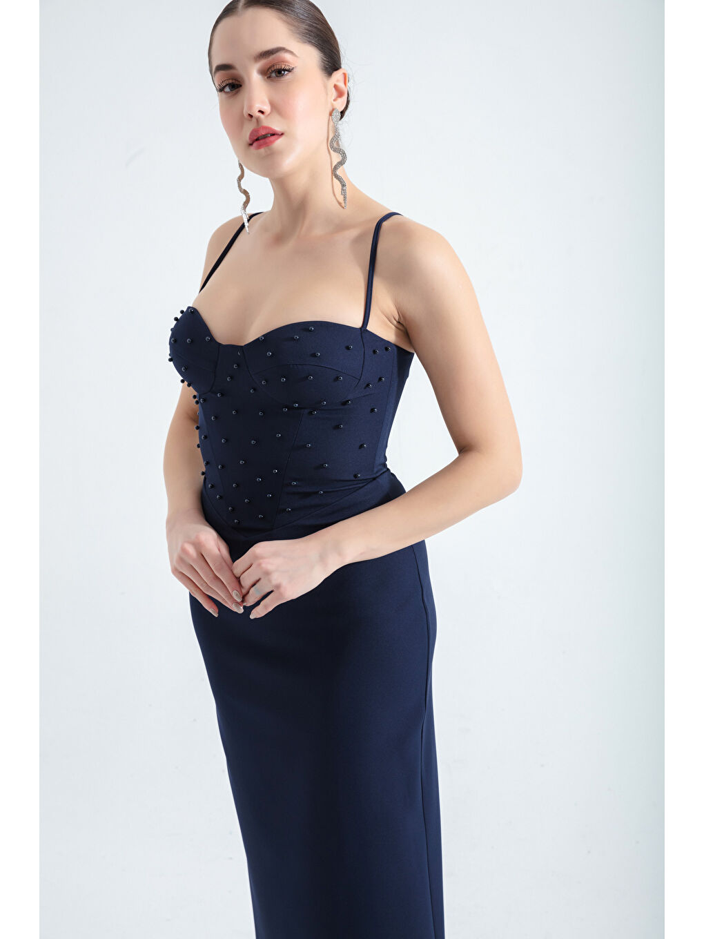 Kadın Lacivert Balen Korseli İncili Midi Abiye-1