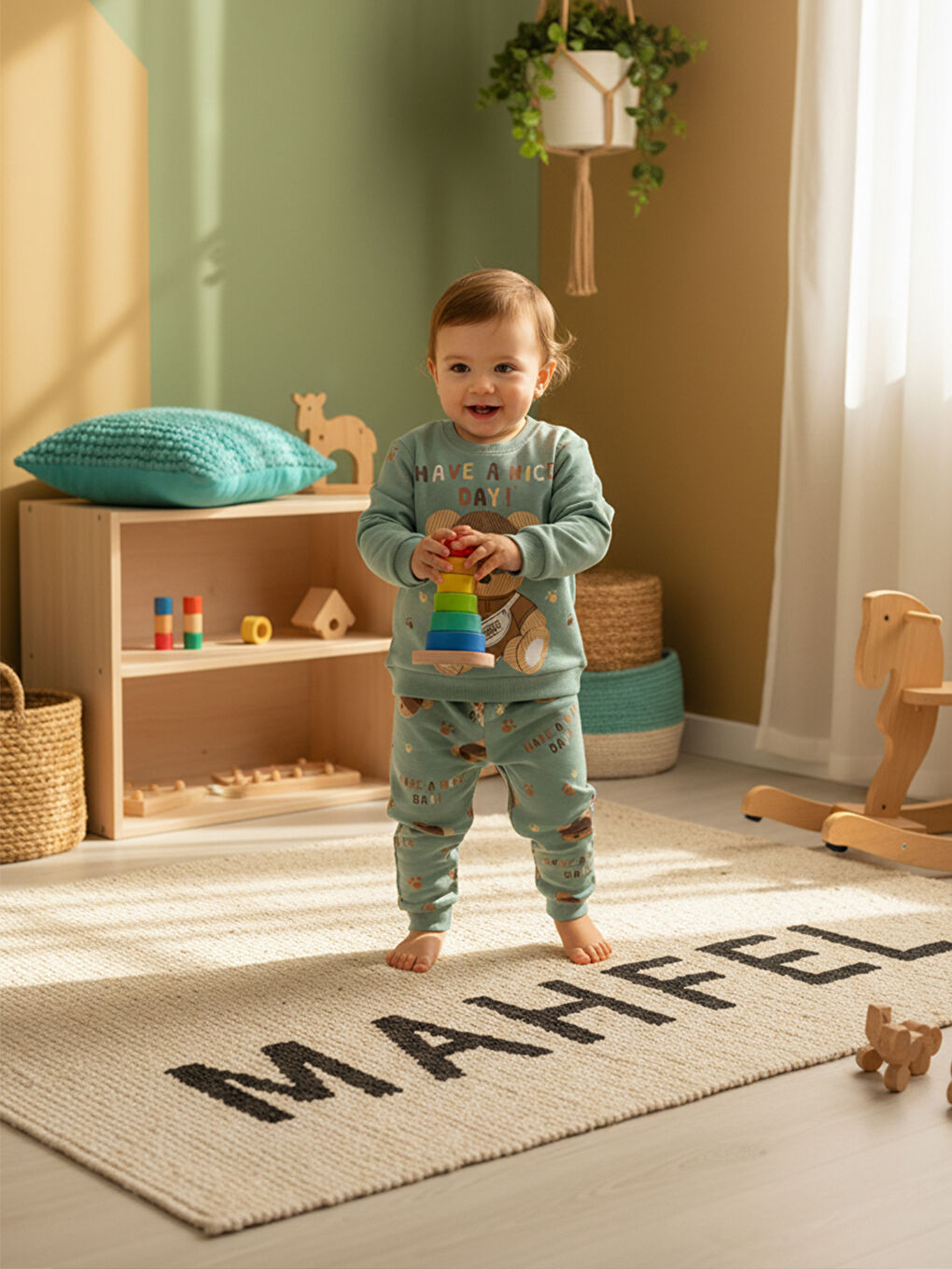 %100 Pamuklu Yeşil Teddy Bear Baskılı Çocuk Pijama Takımı 1-6 Yaş-2