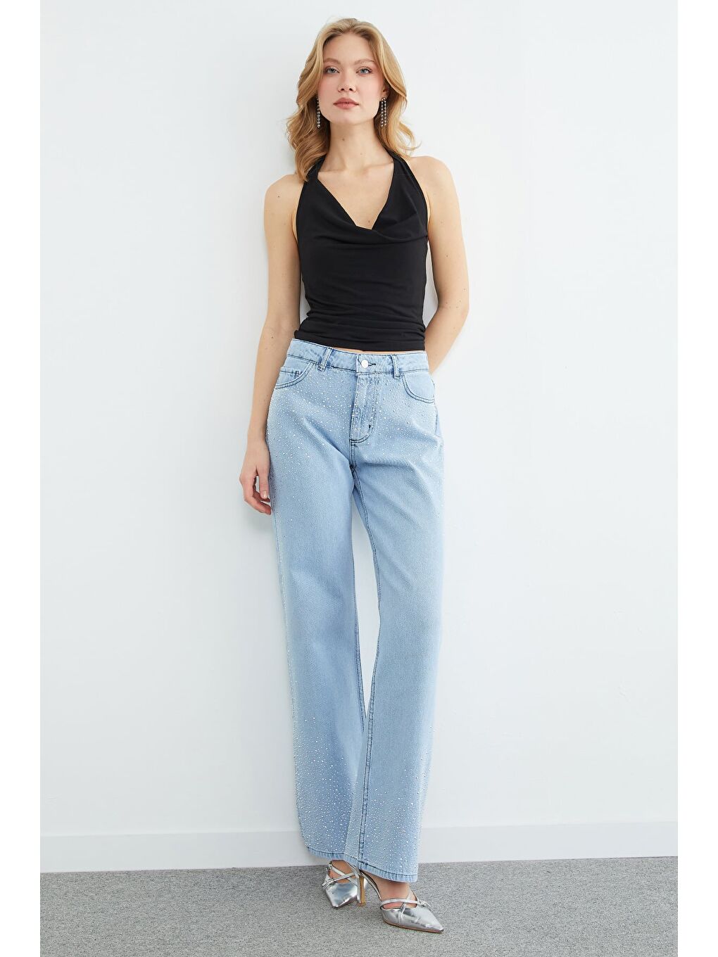 Mavi Taş Detaylı Yüksel Bel Jean-4