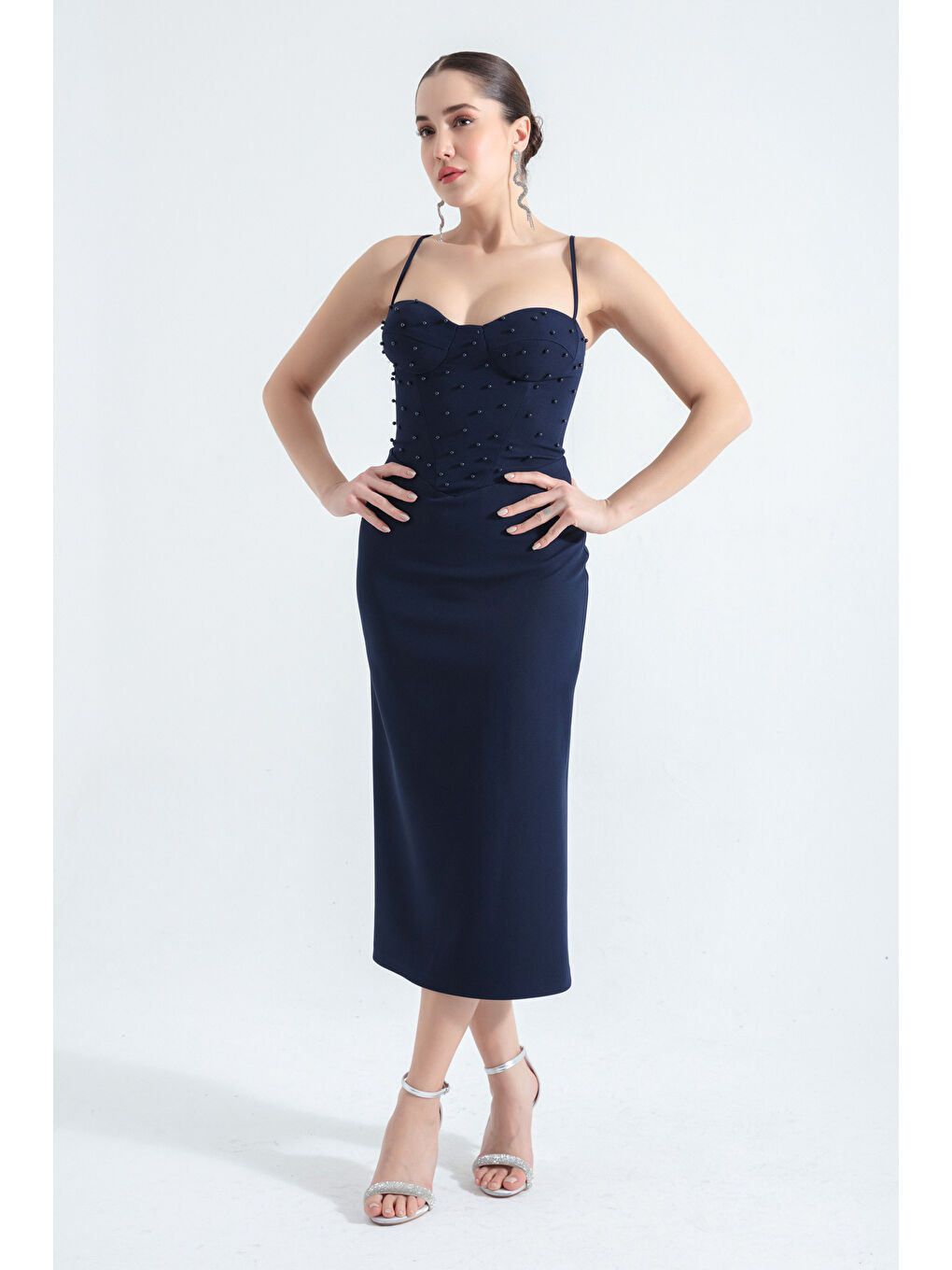 Kadın Lacivert Balen Korseli İncili Midi Abiye-2