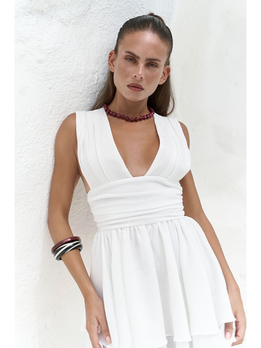 Zaneta Korsaj Detaylı Ekru Keten Mini Elbise-5