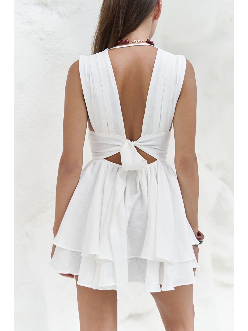 Zaneta Korsaj Detaylı Ekru Keten Mini Elbise-6