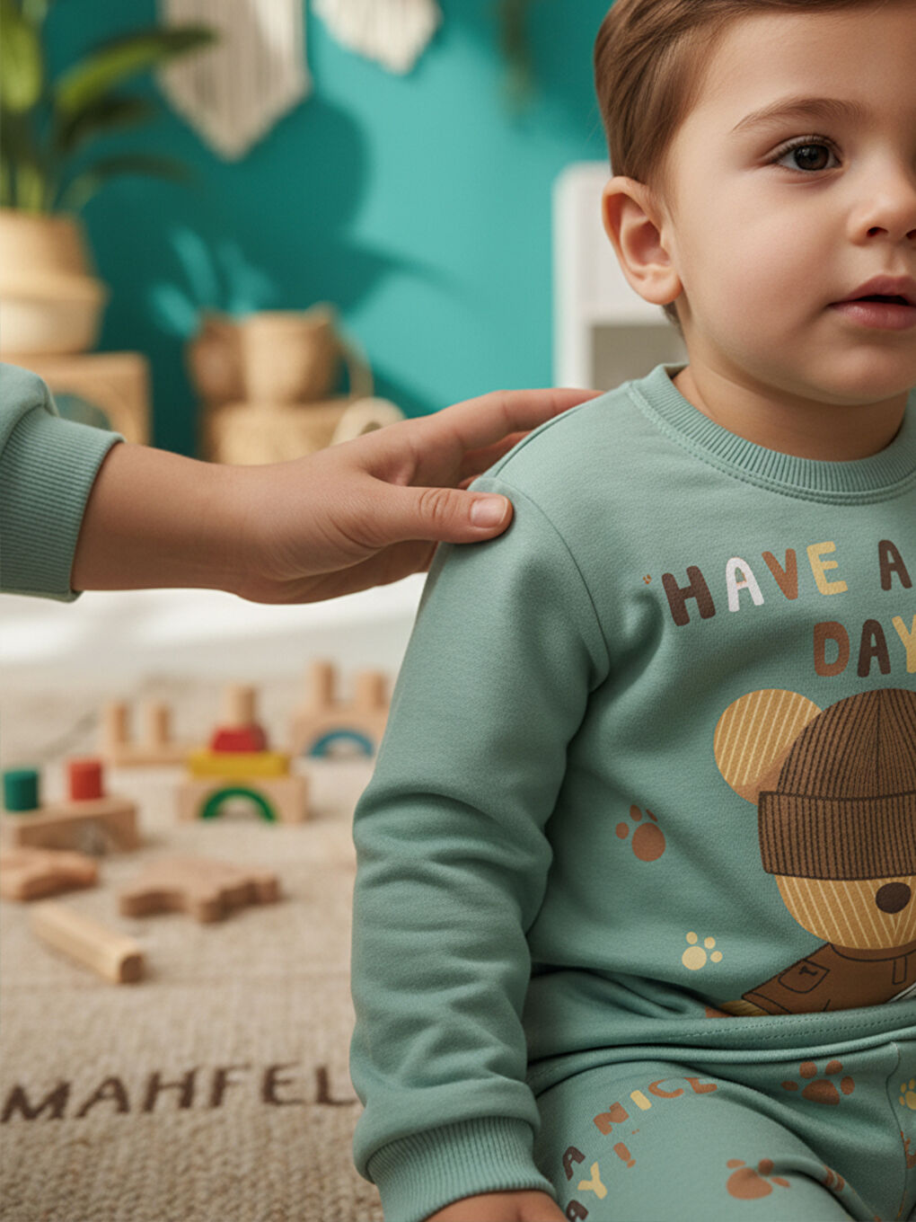 %100 Pamuklu Yeşil Teddy Bear Baskılı Çocuk Pijama Takımı 1-6 Yaş-3