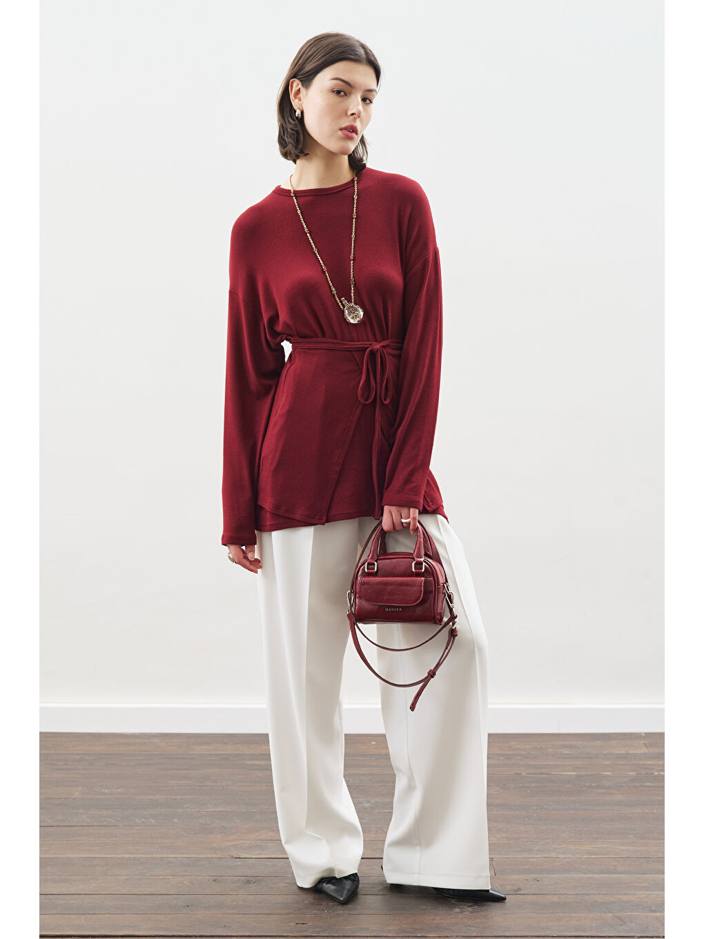 Beli Bağlama Tasarımlı Bluz Bordo-1