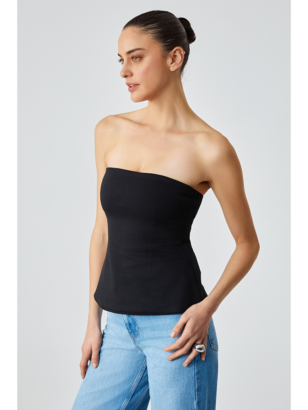 Siyah ORIANA Kadın Slim Fit Straplez SİYAH Bluz-3