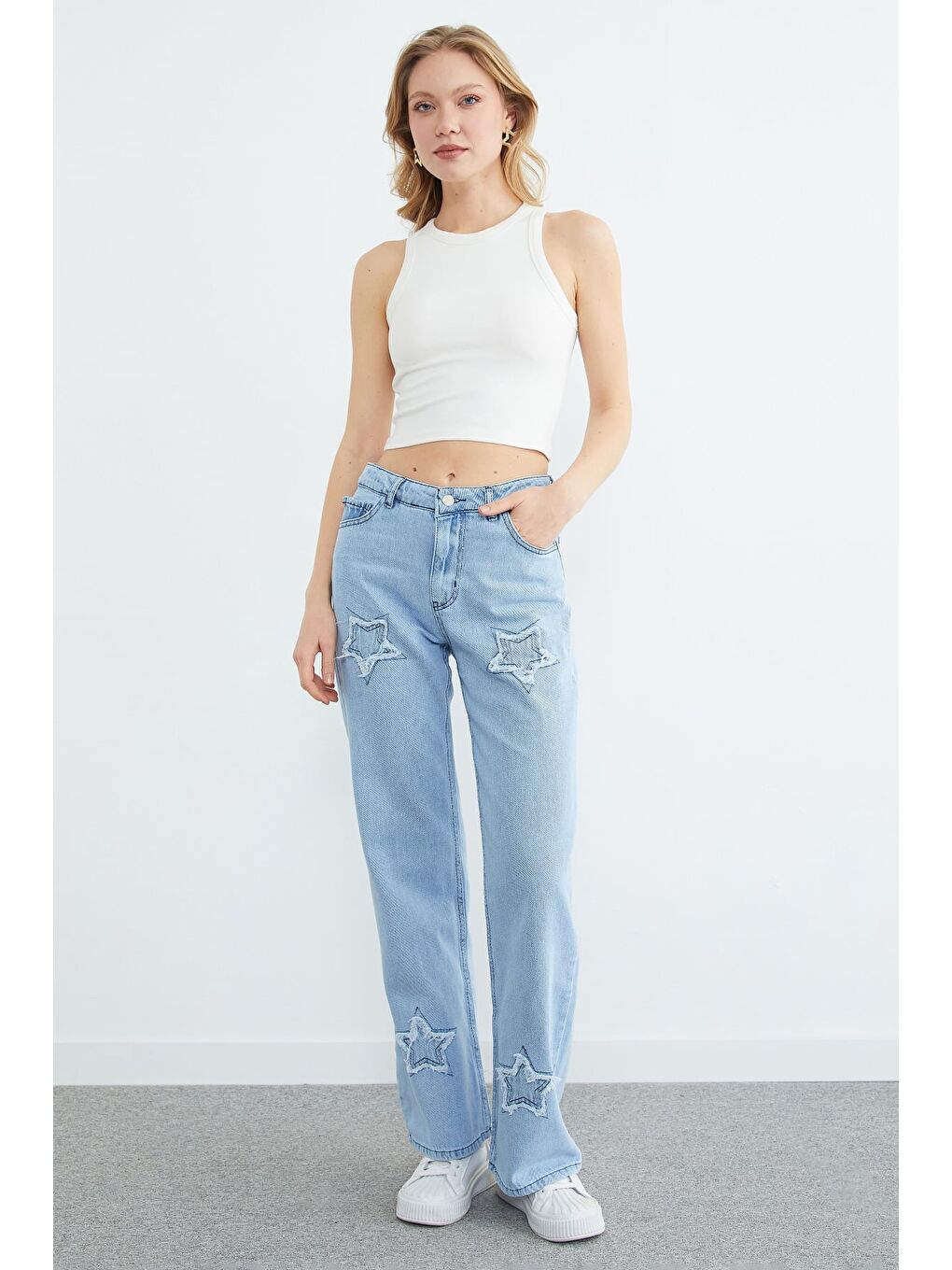 Mavi Yıldız Nakışlı Palazzo Jean-2