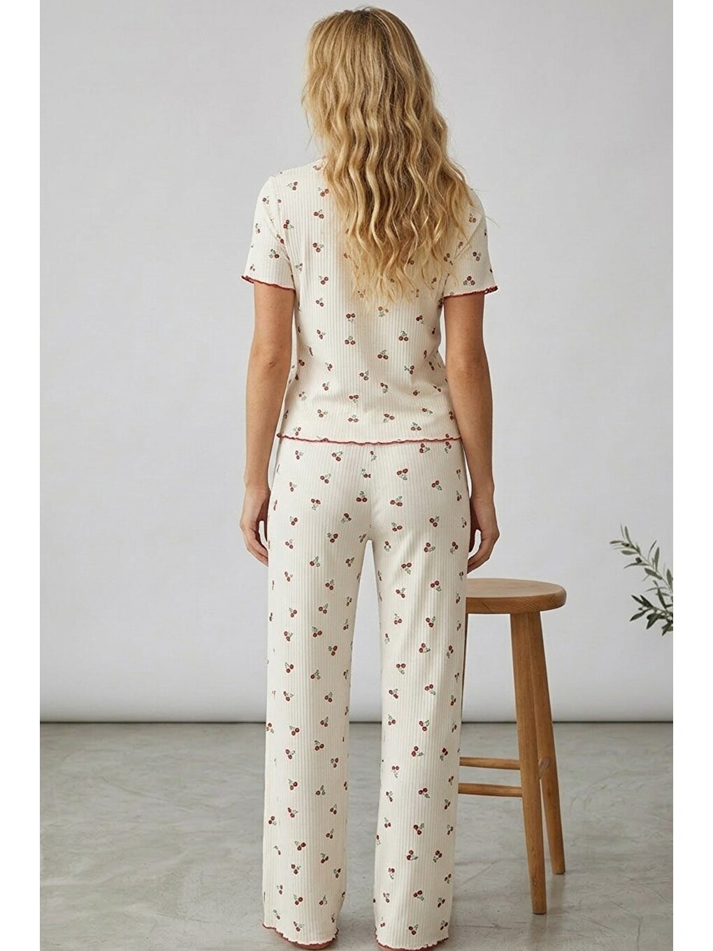 Kırmızı Yumuşak Tuşe Yazlık Fitilli Pamuklu Örme Pijama Takım 7994-2