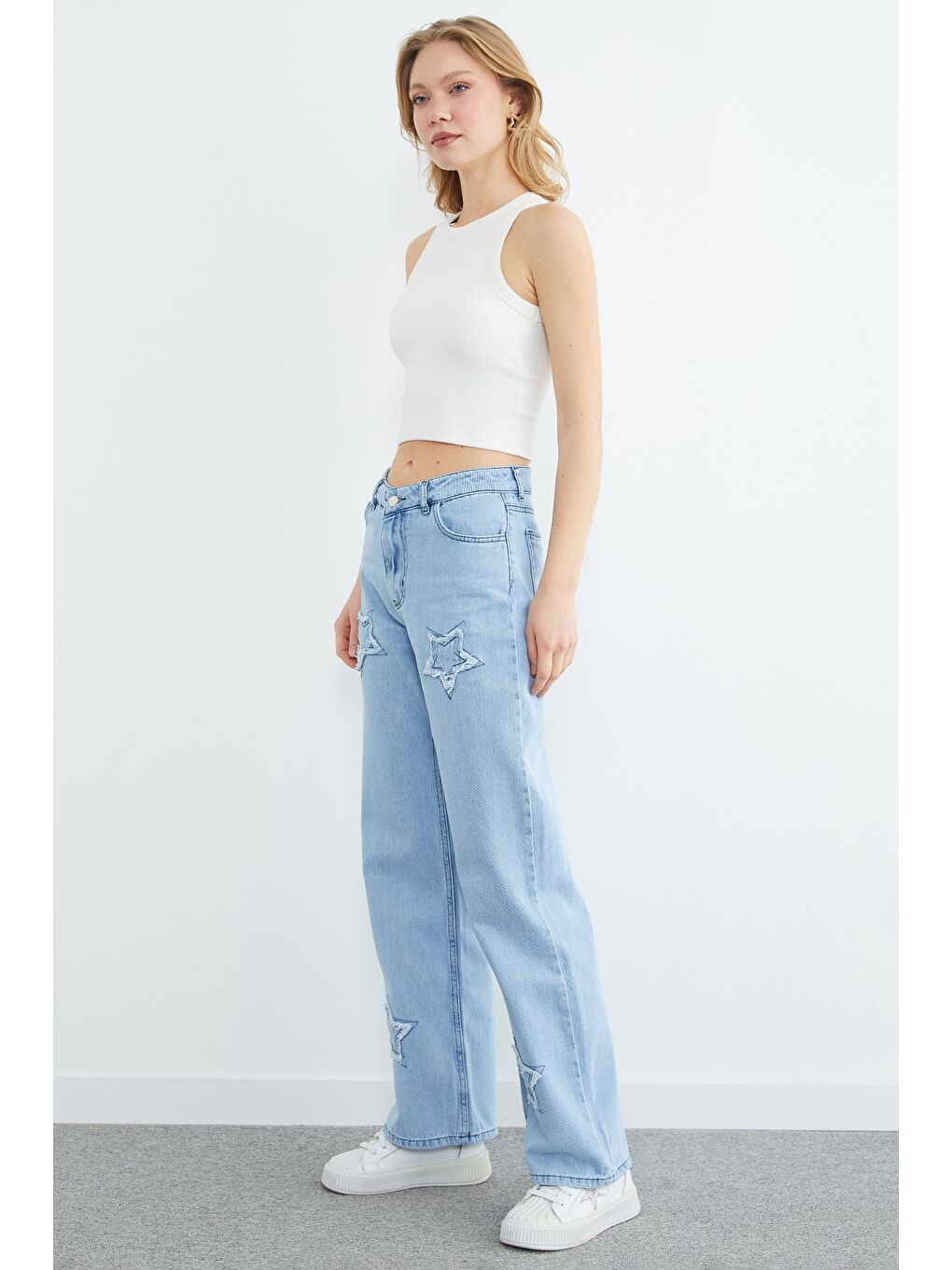 Mavi Yıldız Nakışlı Palazzo Jean-3