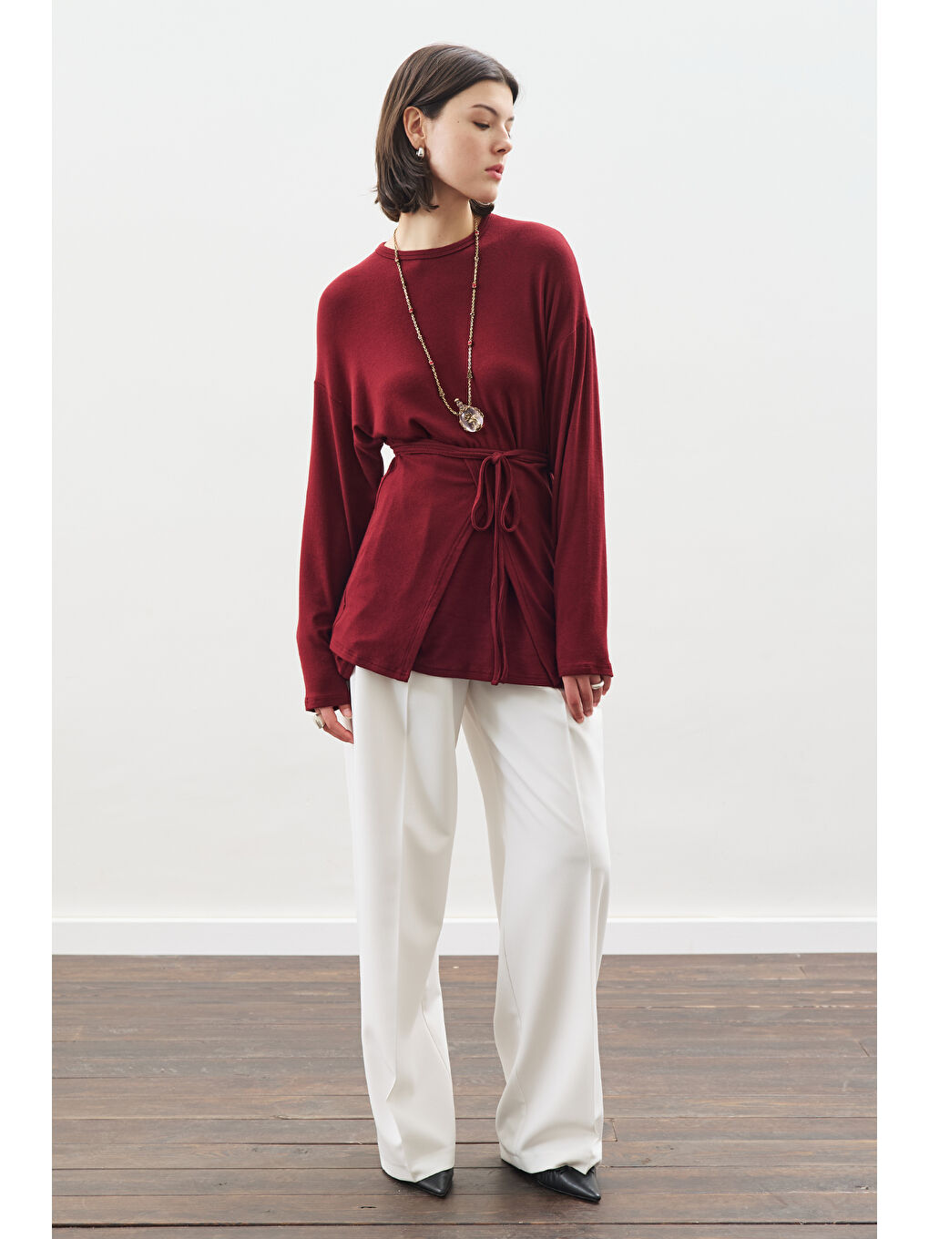 Beli Bağlama Tasarımlı Bluz Bordo-2