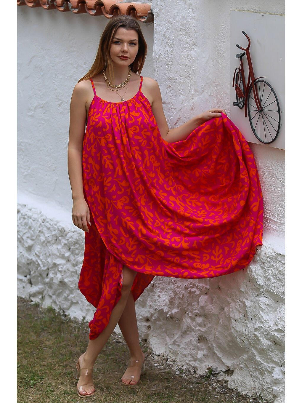 Kırmızı Askılı Büzgülü Allover Baskılı Dokuma Casual Elbise-2