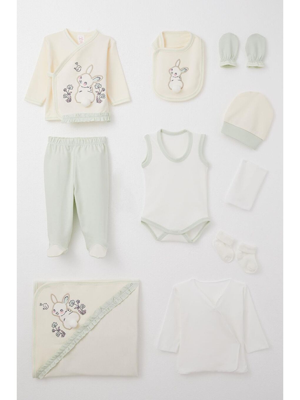 Ekru Kız Bebek Hastane Çıkışı 10 Lu Tavşan Nakışlı & Çiçekli Krem (0-3 Ay)