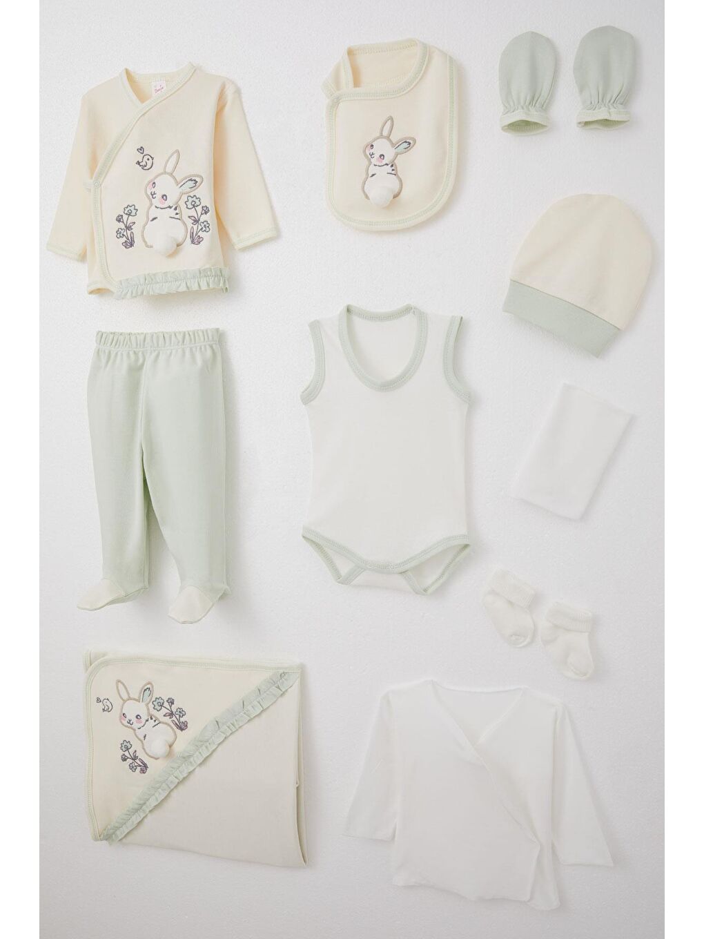 Ekru Kız Bebek Hastane Çıkışı 10 Lu Tavşan Nakışlı & Çiçekli Krem (0-3 Ay)-1