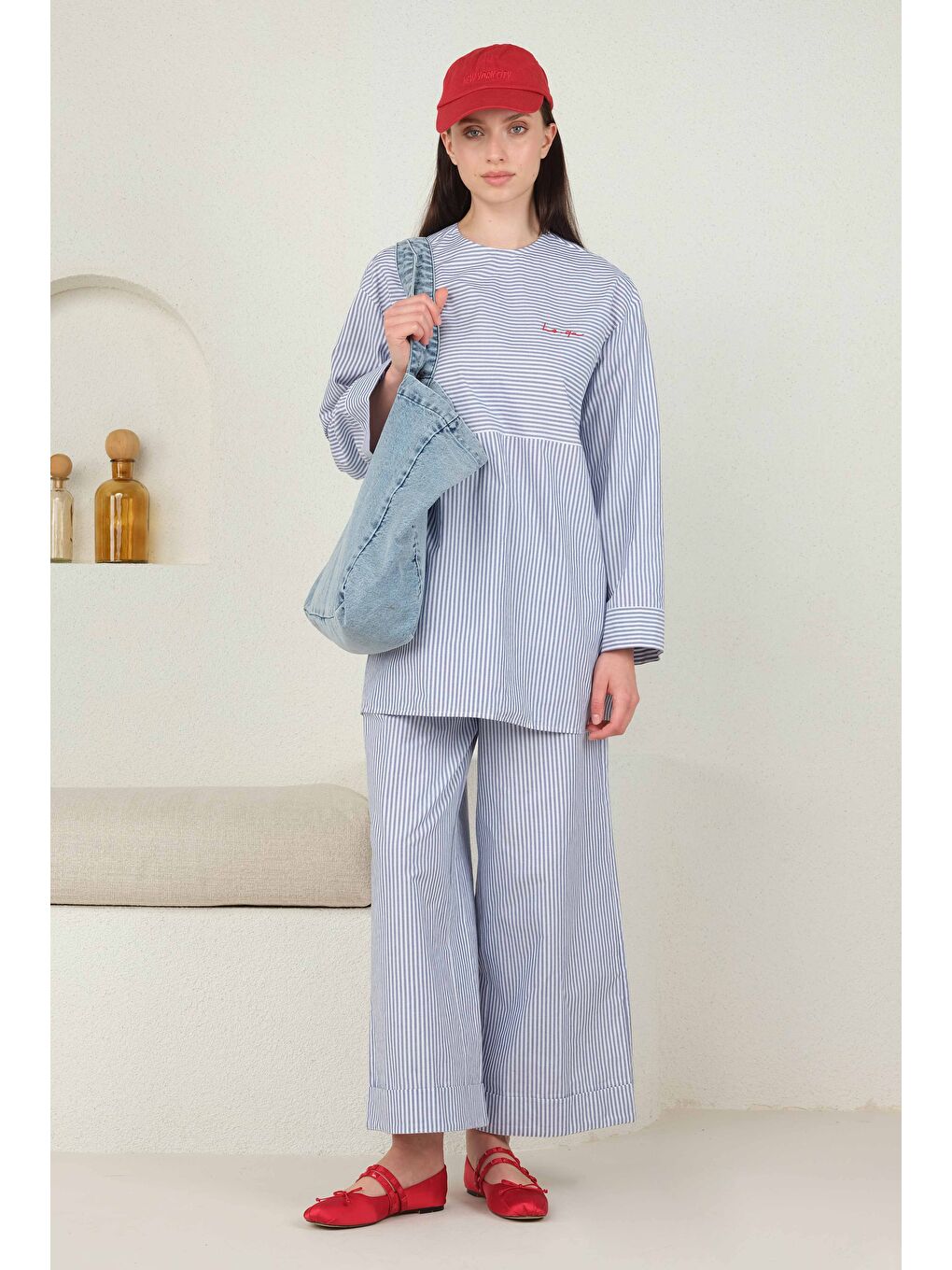 Poplin Çizgili Tunik Mavi