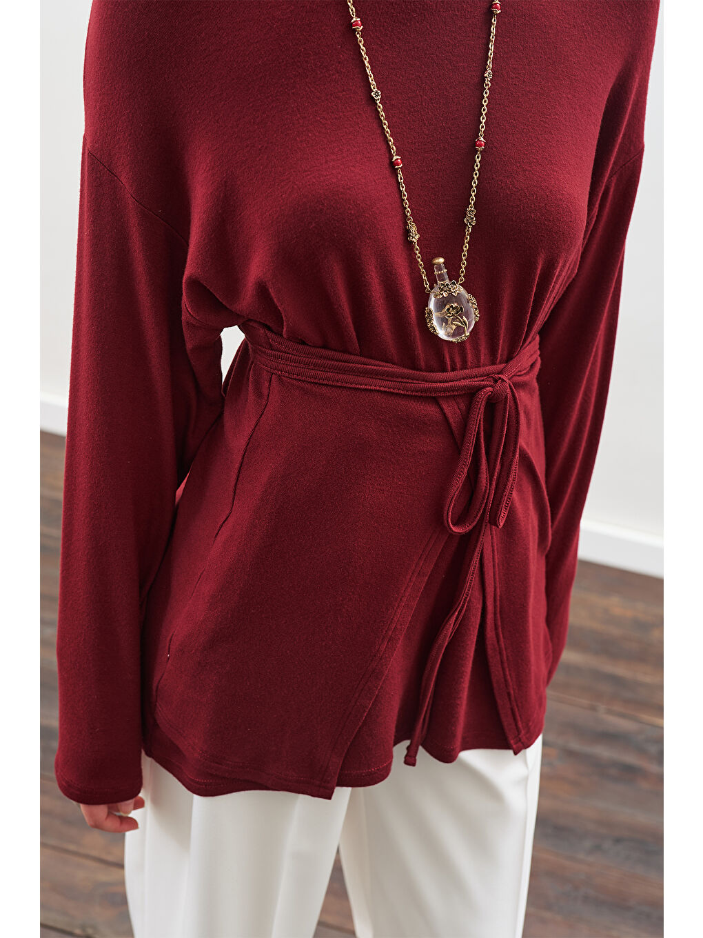 Beli Bağlama Tasarımlı Bluz Bordo-3