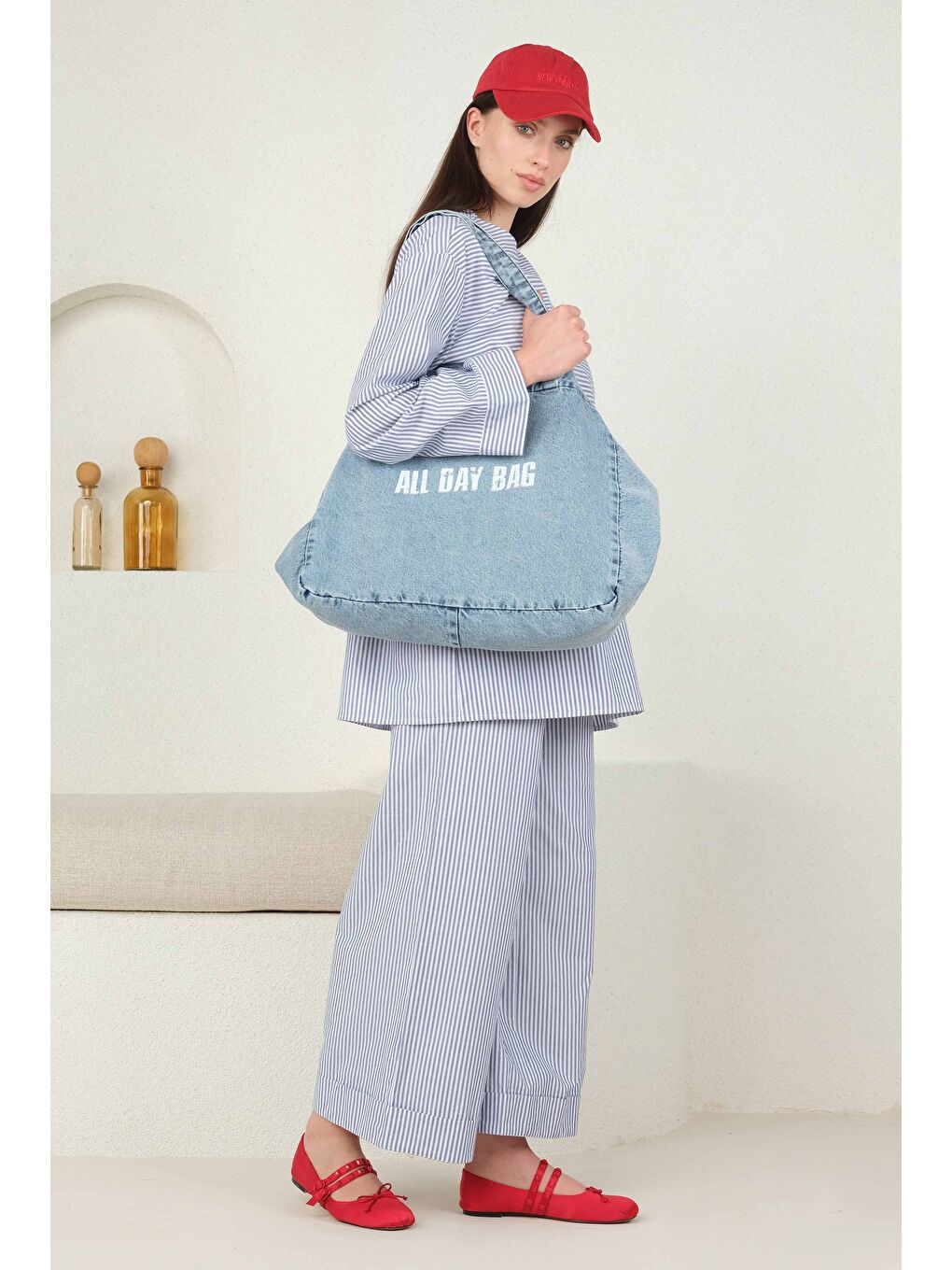 Poplin Çizgili Tunik Mavi-1