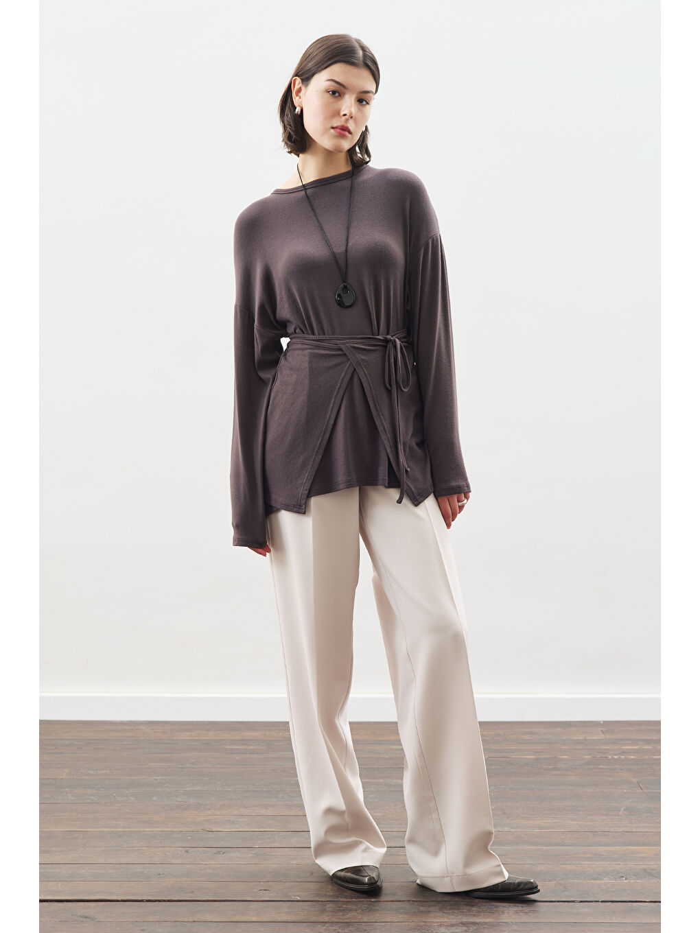 Beli Bağlama Tasarımlı Bluz Antrasit