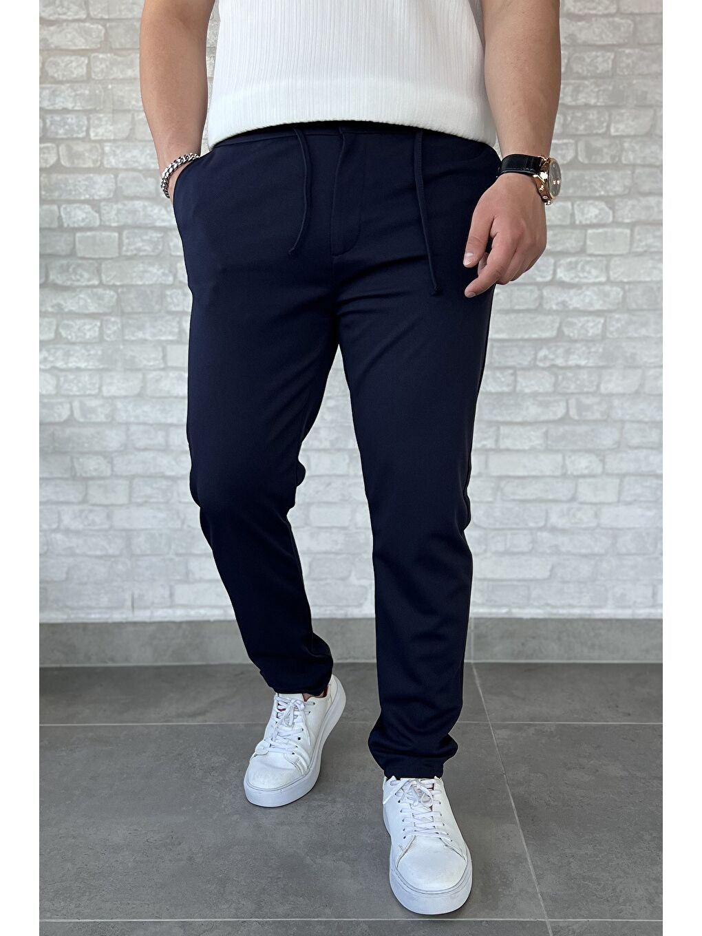 Lacivert Erkek Bel Bağlamalı Pantolon