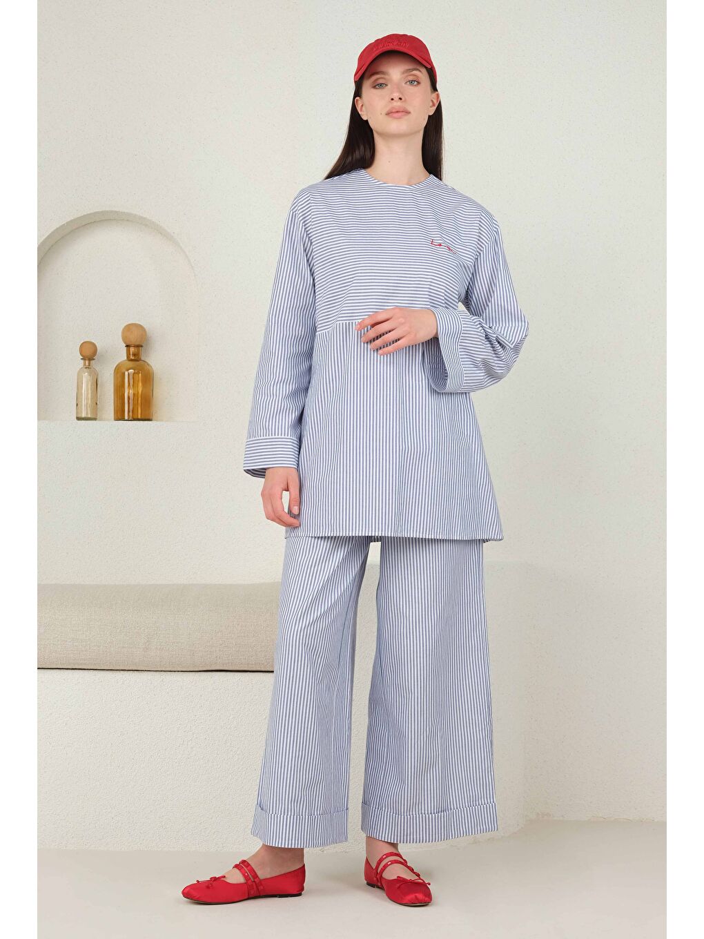 Poplin Çizgili Tunik Mavi-2